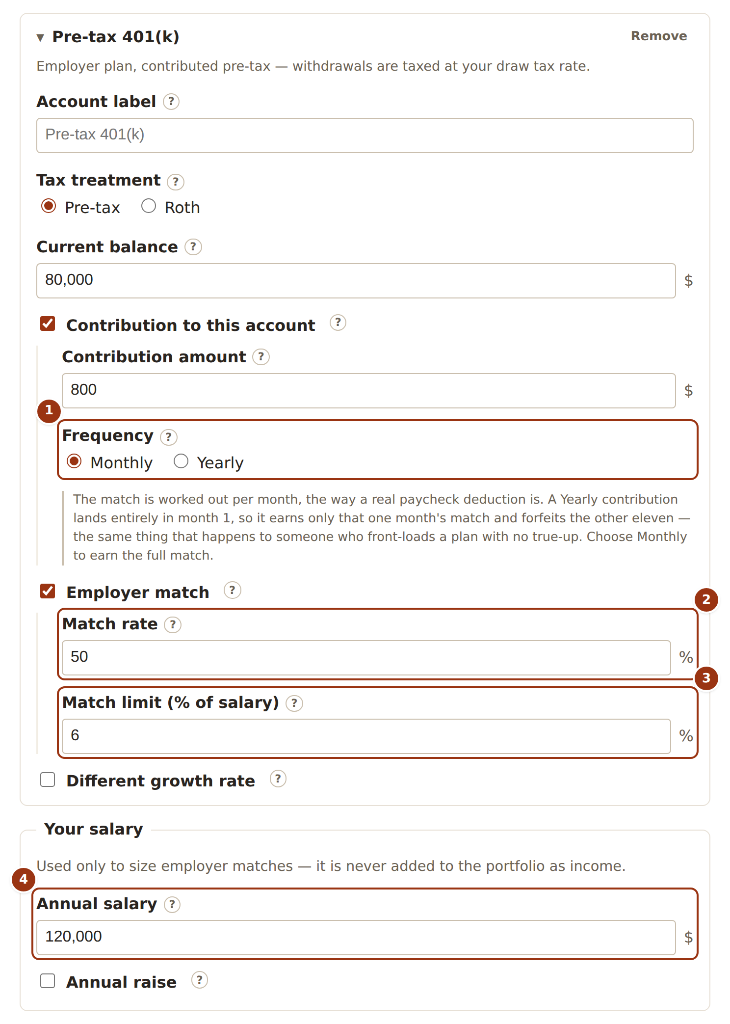 A pre-tax 401(k) card with a monthly contribution, an Employer match toggle showing a match rate and a match limit as a percentage of salary, followed by a “Your salary” card with an annual salary field.