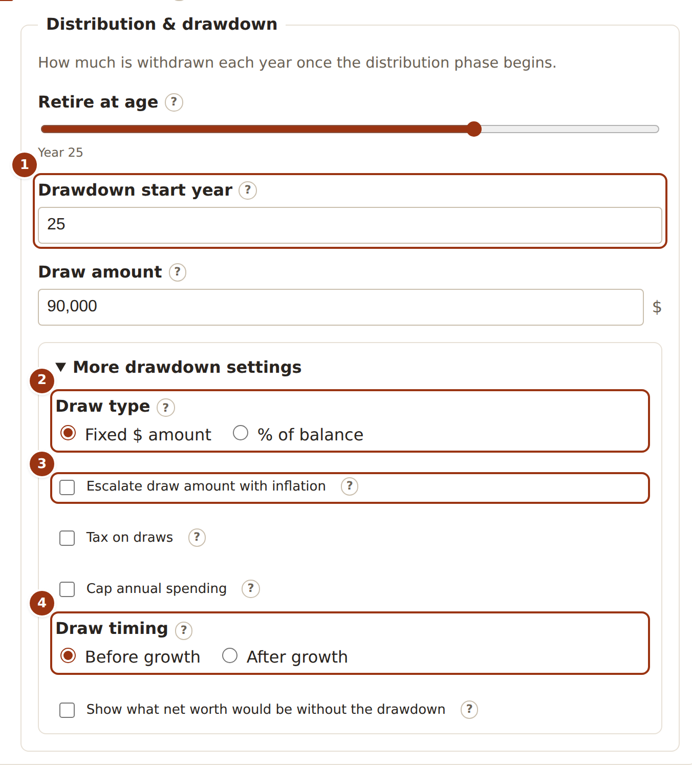The Distribution & drawdown card with a retirement slider, a drawdown start year, a draw amount, and “More drawdown settings” expanded to show the draw type switch, an inflation escalation toggle, tax and spending-cap toggles, and a draw timing switch.